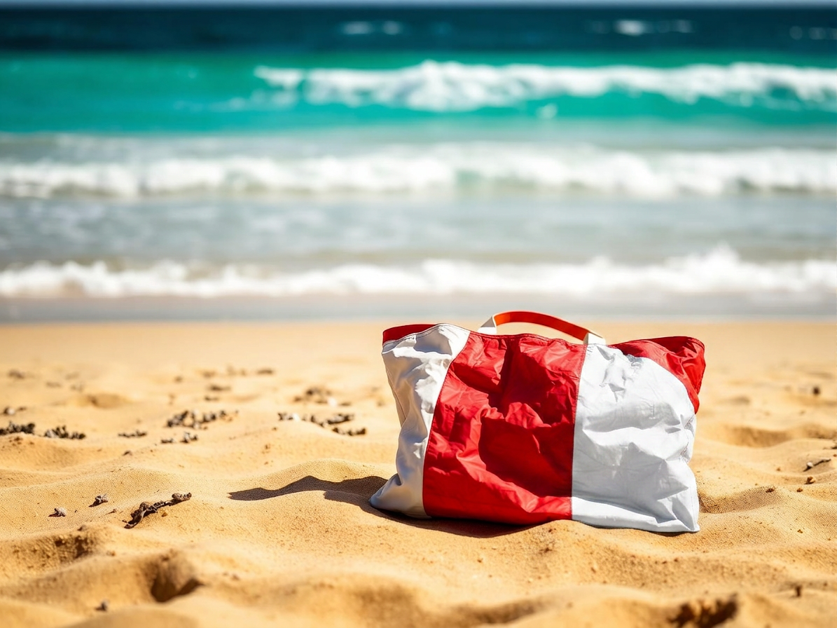 Upcycled kitesurf canopy beach bag on sand by turquoise ocean