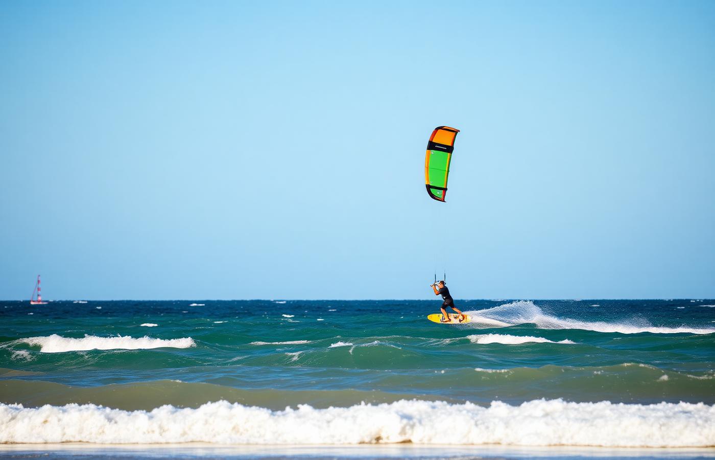 Kitesurfer riding waves with a colorful kite